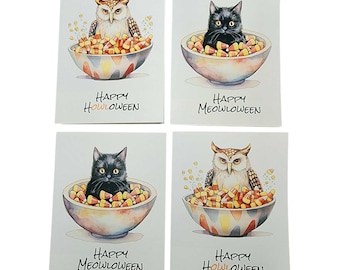 Juego de tarjetas de notas de Halloween en caja: gato negro y búho con forma de maíz dulce