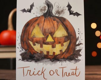 Tarjeta de Halloween: Calabaza de Jack-O-Lantern para pedir dulces