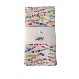 May include: A pack of six sheets of white tissue paper with a birthday candle design. The tissue paper is 20 inches by 30 inches and features a colorful confetti pattern with gold accents. The text on the label reads "Birthday Candles Tissue Paper 6 sheets (20 in.x30 in.) texascraftconnection.com".
