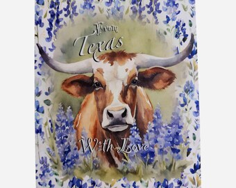 Tarjeta de Texas Longhorn y Bluebonnets: Desde Texas con amor