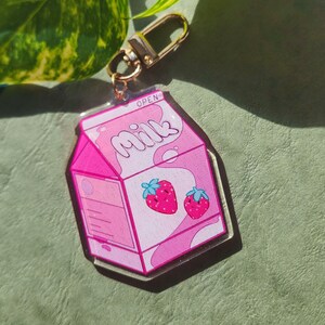 Strawberry Milk Charm Glitter Keychain