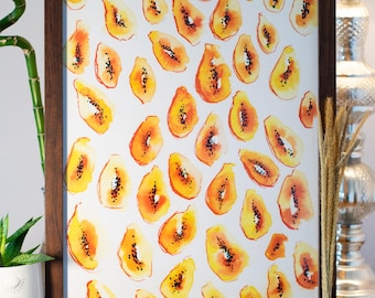 Impression d&#39;art papaye vibrante | Décoration d&#39;intérieur | Aquarelle | Format A3