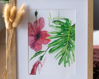 Impression d&#39;art aquarelle botanique | Format A5 | Art mural | Hibiscus et Monstera peints à la main