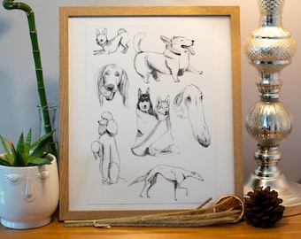 Croquis de chien dessinés à la main | Impression d&#39;art mural A4 | Parfait pour les amoureux des chiens