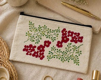 Hand Block Printed Floral Canvas Pouch: Art Supplies, Travel Organizer 5x8 inches