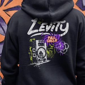 May include: Black hoodie with a white graphic print of a boombox, a swirl design, and the text "Levity Full Circle".