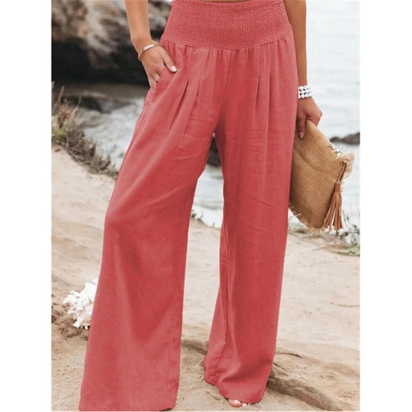 Women's Cotton Linen Wide Leg Pants - Casual Loose Solid Office Lady Trousers, Vintage Fashion with Elastic Waist, Oversized Pantalon