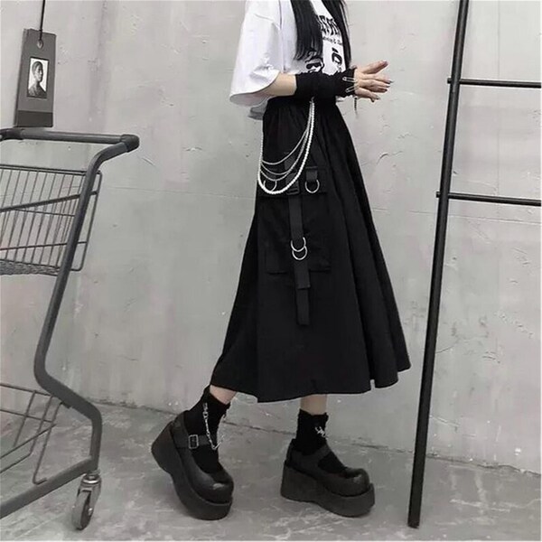 Harajuku 2024 High Waist Cargo Skirts - Loose A-line Pocket Midi Long Black Skirt, Hip Hop Fashion Streetwear Oversize for Women