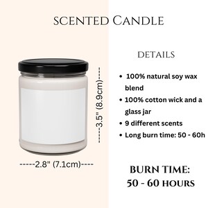 May include: A white scented candle in a clear glass jar with a black lid. The candle is 3.5 inches tall and 2.8 inches wide. The candle is made with 100% natural soy wax and has a cotton wick. It has a burn time of 50-60 hours.