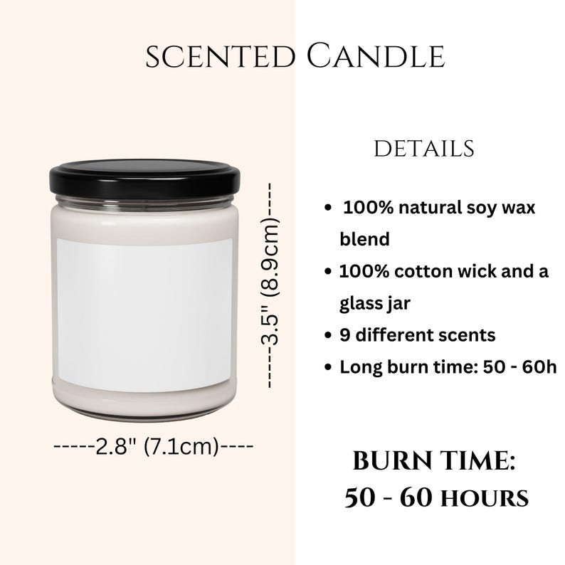 May include: A scented candle in a glass jar with a black lid. The candle is 3.5 inches (8.9cm) tall and 2.8 inches (7.1cm) wide. The label is blank. The text on the image says the candle has a long burn time of 50-60 hours.