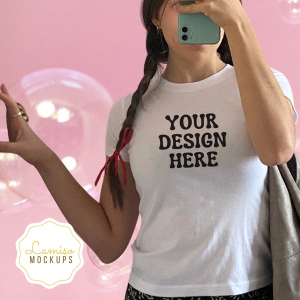 Mockup Baby Tee with Aesthetic Background Mockup Coquette TShirt Template  Mockup Crop Top Mockup Selfie Model Mockup Mirror Shirt Baby Tee