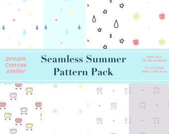 Pack de motifs d'été sans couture | Papier numérique coloré | gouttes de pluie, pommes, fleurs | Contexte | Papier cadeau | Papier scrapbooking| Clipart