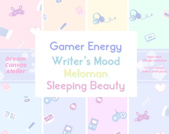 Pack de motifs Gamer Energy Writers Mood Meloman La Belle au bois dormant | Papier numérique transparent | Papier cadeau | Papier pastel pour scrapbooking