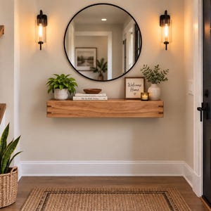 May include: A rectangular wooden floating shelf mounted on a wall, featuring visible joinery details. The shelf holds a potted green plant, a small bowl, stacked books, a framed sign reading Welcome Home, a candle, and a vase with greenery.
