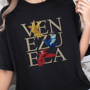 Venezuela Tricolor Birds Shirt, Hispanic Heritage Gift, Patriotic VZLA Faux Embroidery Tee Black