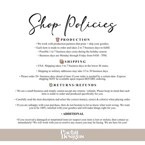 May include: A cream-coloured page with the title "Shop Policies" in elegant black script. The text details production, shipping, returns, and additional information. The Pachit Designs logo is at the bottom.