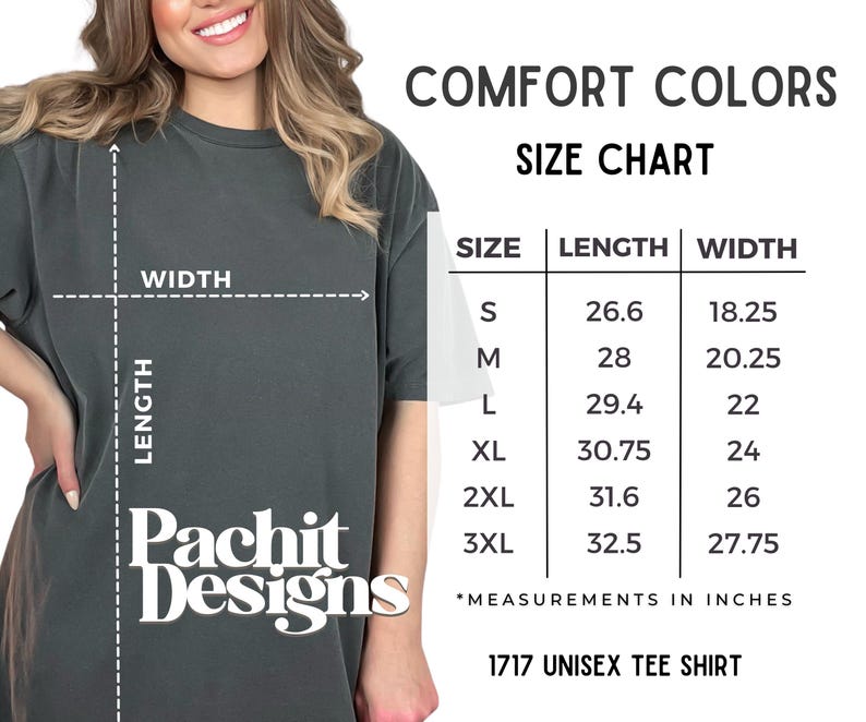 May include: A dark grey unisex t-shirt with a size chart. The chart lists measurements in inches for sizes S to 3XL. The text "COMFORT COLORS" and "1717 UNISEX TEE SHIRT" are also visible.