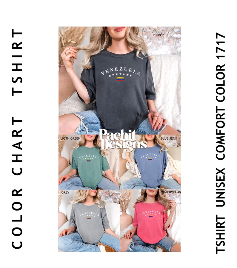 Pode incluir: Uma cole&ccedil;&atilde;o de camisetas em v&aacute;rias cores com a palavra "Venezuela" e um pequeno gr&aacute;fico de bandeira. As camisetas s&atilde;o exibidas em modelos que usam jeans. As cores incluem cinza, verde claro, azul jeans e melancia.