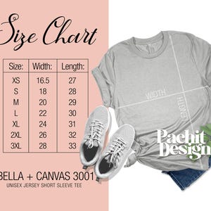 May include: A light gray Bella + Canvas 3001 unisex jersey short sleeve tee, with a size chart showing width and length measurements in inches. The image includes a pair of gray sneakers and a pair of blue jeans.