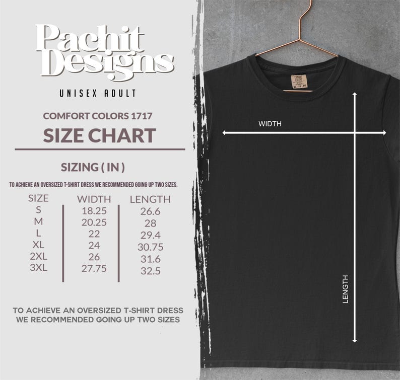 Pode incluir: Tabela de tamanhos unissex para adultos para camisetas, mostrando as medidas de largura e comprimento em polegadas para os tamanhos S a 3XL. O gr&aacute;fico inclui o texto "Comfort Colors 1717" e "Pachit Designs".