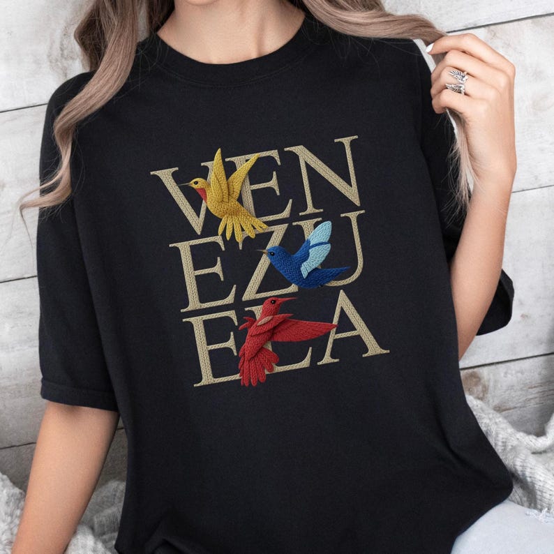 Venezuela Tricolor Birds Shirt, Hispanic Heritage Gift, Patriotic VZLA Faux Embroidery Tee Black