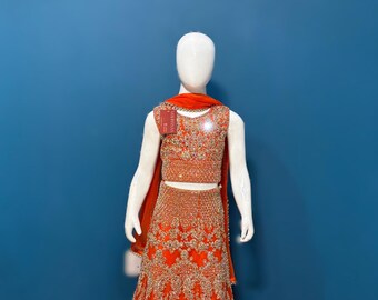 Vibrant Orange Soft Net Kids Lehenga with Intricate Gold Tilla Embroidery | Festive & Party Wear Traditional Outfit for Girls KMO002C5