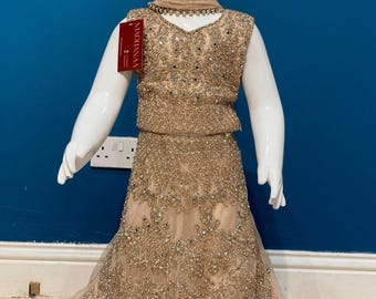 Beige Soft Net Kids Lehenga with Golden Tilla Embroidery | Elegant Ethnic Outfit for Weddings & Celebrations 1-4yrs KMO002C0