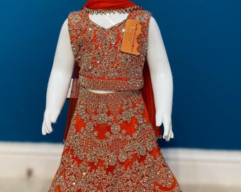 Vibrant Orange Baby Lehenga Set with Golden Tilla Work | Toddler Ethnic Outfit in Soft Net for Festive Celebrations (1–4 Yrs) KMO002C5
