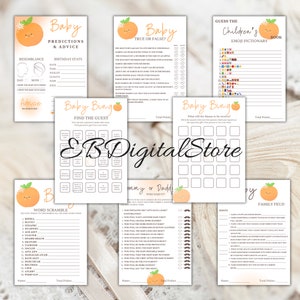 Lot de 8 jeux de baby shower A Little Cutie is on the Way | Jeux à saupoudrer pour bébé sur le thème de l'orange et des agrumes | Jeux de bébé | Prêt à imprimer Télécharger
