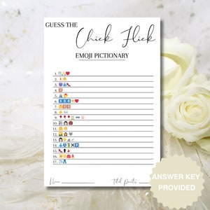 May include: A printable game card with the title "Guess the Chick Flick Emoji Pictionary". The card has 17 lines with emojis and blank spaces for players to write in their answers. The bottom of the card says "Answer Key Provided".