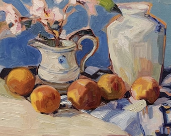 Oryginalny obraz olejny: Brzoskwinie, kwiaty, martwa natura kuchenna, 16x20