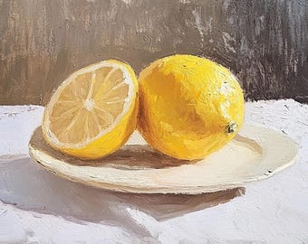 Lemon Still Life Oil Painting on Canvas, Commission Handmade Artwork, Impressionist Kitchen Wall Decor, Custom Fine Art Gift
