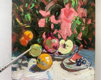 Pintura al óleo original de naturaleza muerta, arte de frutas de cocina, 16x20