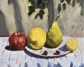 Pintura al óleo original de naturaleza muerta, arte de frutas de cocina, 16x20