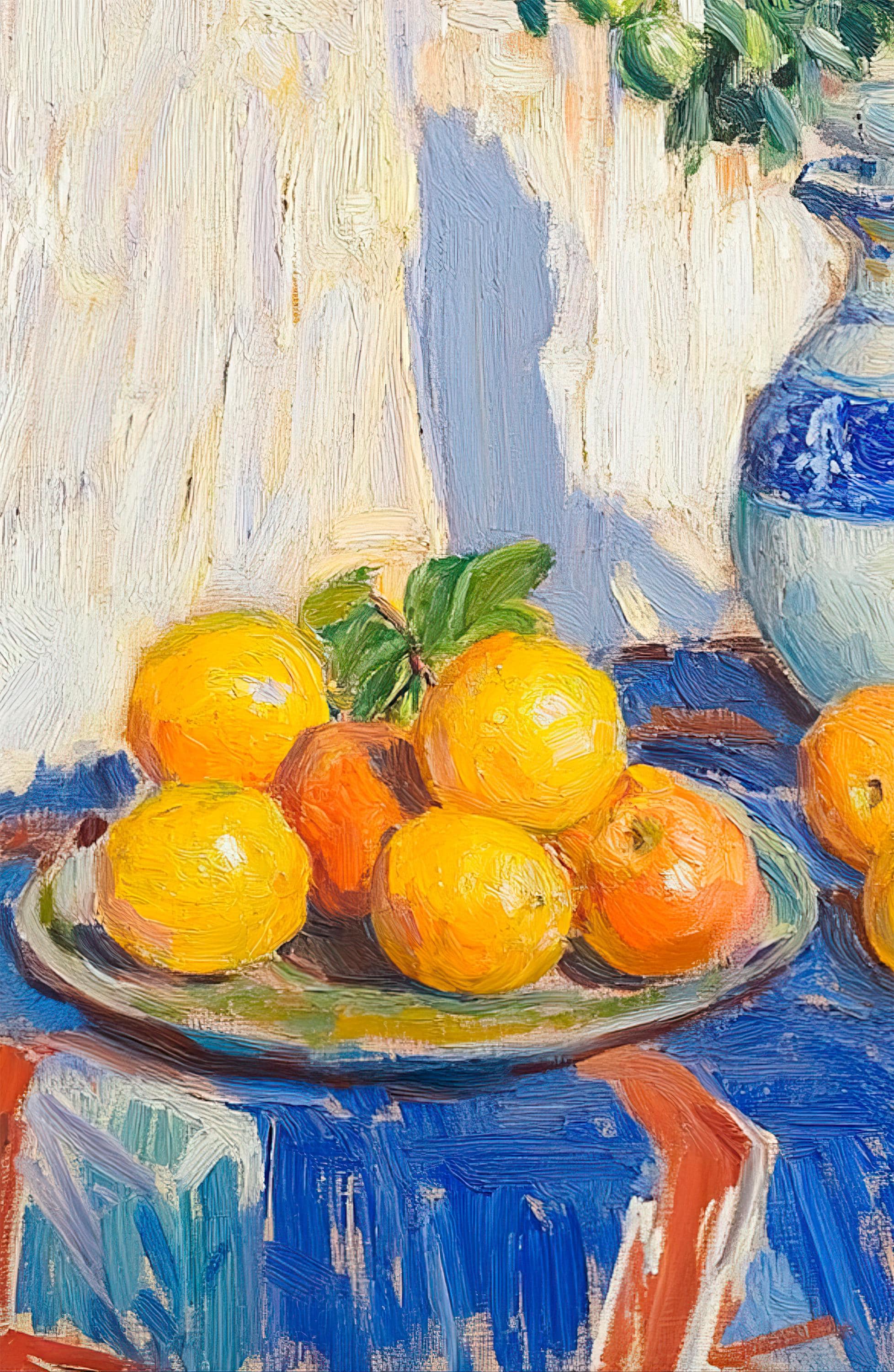 果物と花を描いた静物油絵、オリジナルキャンバスアート作品、印象派の
