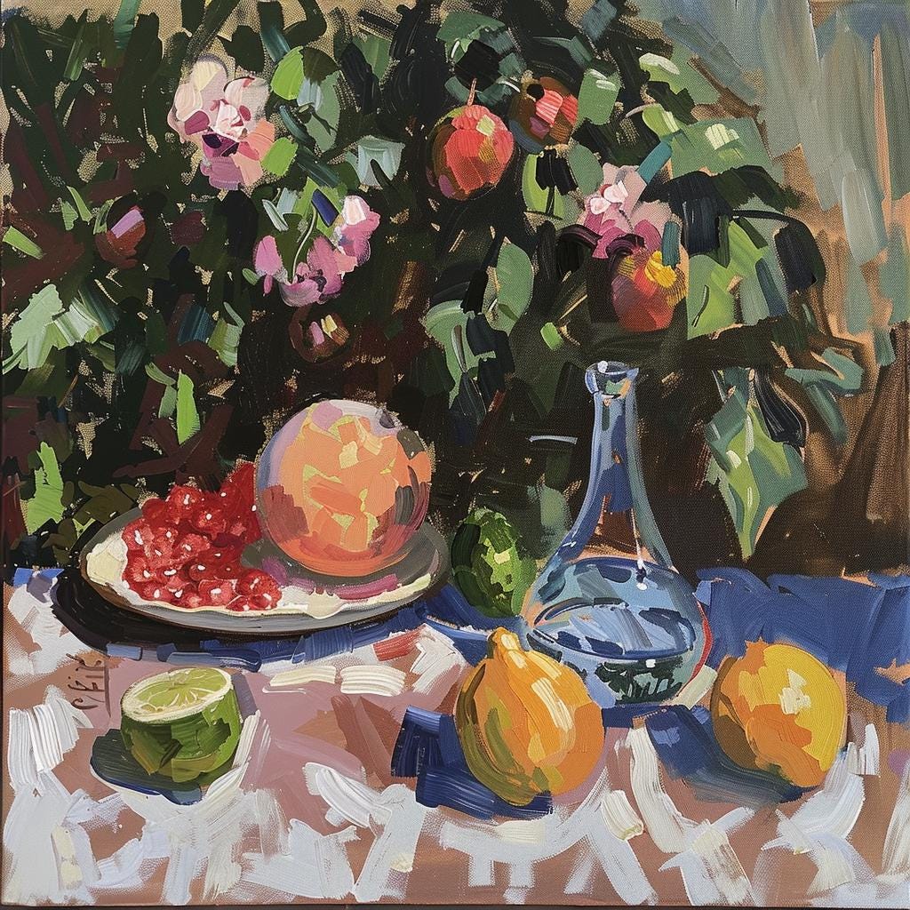 果物と花を描いた静物油絵、オリジナルキャンバスアート作品、印象派の