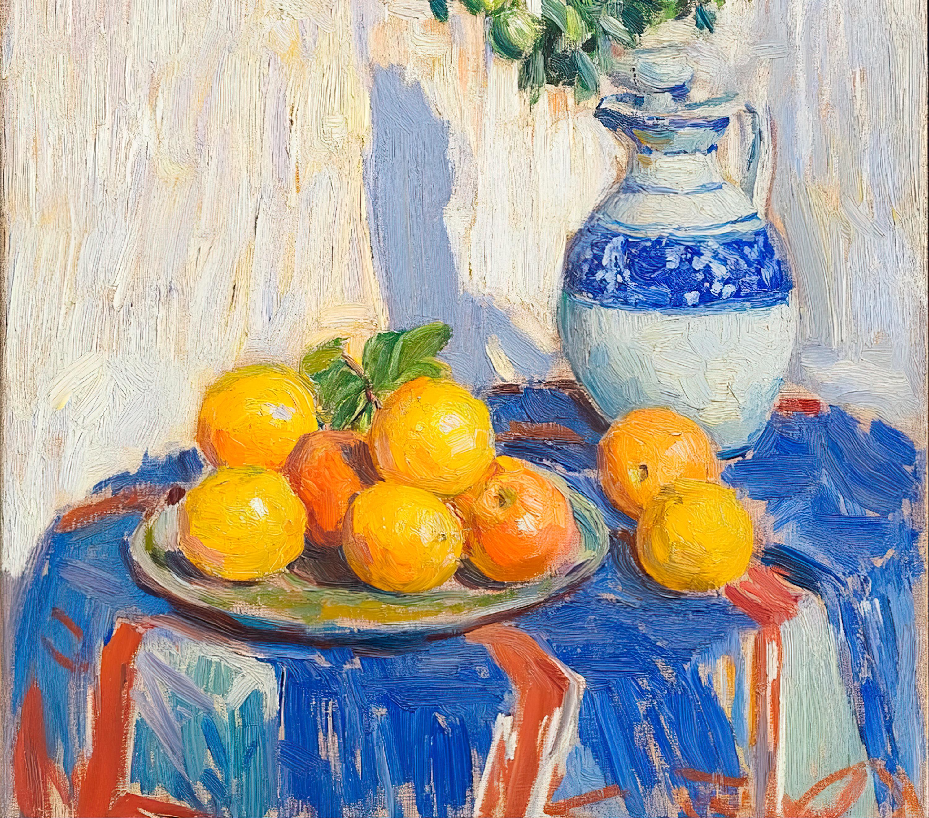 果物と花を描いた静物油絵、オリジナルキャンバスアート作品、印象派の