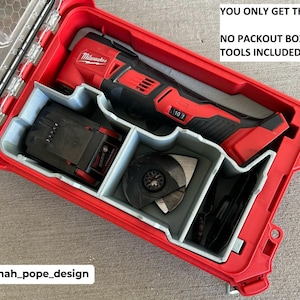 May include: A red case containing a red and black Milwaukee multi-tool and accessories. The text "YOU ONLY GET THE INSERT" and "NO PACKOUT BOX OR TOOLS INCLUDED" is visible. The product is designed by jonah_pope_design.