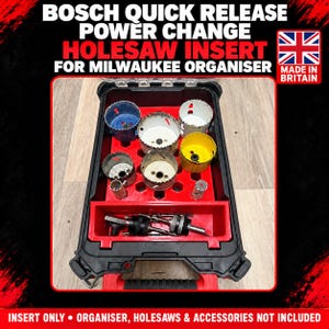 May include: A red plastic insert for a Milwaukee organiser, designed for Bosch Quick Release Power Change holesaws. The insert holds various metal holesaws in blue, white, and yellow, plus two black power change mandrels in a front compartment.