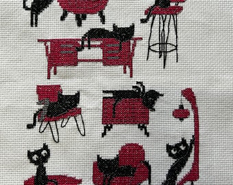completed cross stitch retro black cats