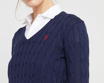 Ralph Lauren Kabelstrickpullover mit Rundhalsausschnitt - Herren- und Damen-V-Ausschnitt-Optionen für Damen-Logo-Baumwollpullover mit langen Ärmeln, S-XXL-Größen