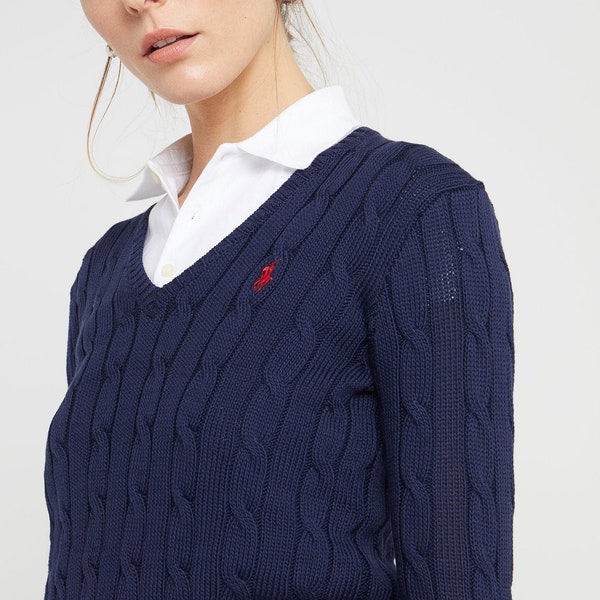 Pull ras du cou en tricot torsadé Ralph Lauren - Options pour hommes et femmes avec col en V pour femme Pull en coton avec logo et manches longues, tailles S-XXL