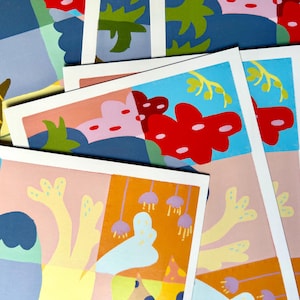 Postales coloridas/ ilustraciones lindas/ postal de ilustración de bosque de fantasía con sobres, dibujos de ideas de regalo