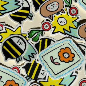 Pack of 5 stickers, radish vinyl sticker, cat, bee, star, flower ,illustration postcard pack, cute drawing set