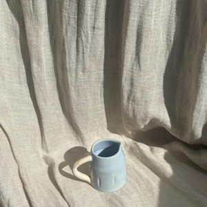 Peut inclure: Une petite cruche en céramique bleu clair avec une anse blanche. La cruche a un bec verseur et des rainures verticales. Le fond est un tissu aux tons neutres, créant une esthétique douce et naturelle. La cruche est probablement utilisée pour servir des liquides.