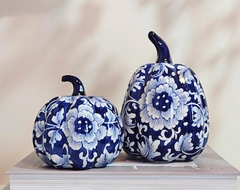 Set of 2 Blue and White Chinoiserie Porcelain Pumpkin Figurines, Fully Hand-Painted by Artisans