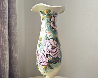 Purple Roses Decorative Vase, Hand-painted vase, One-of-a-kind vase, Ceramic vase, Flower vase, Vintage vase, Unique vase, Pottery vase.