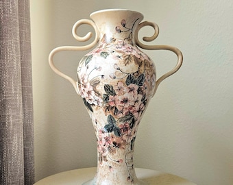 Blossoms Beige Decorative Vase, Hand-painted vase, One-of-a-kind vase, Ceramic vase, Flower vase, Vintage vase, Unique vase, Pottery vase.