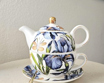 Iris Porcelain Tea For One Set, Teapot - Teacup - Plate & Spoon (4 pieces)
