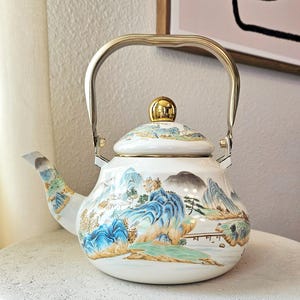 Floral Tea Kettle for Stove Top, Vintage Kettle, Tea Kettle, Kettle, Gold Handle, Enamel Tea Kettle, Gas Kettle, Stovetop Tea Kettle 2.0L